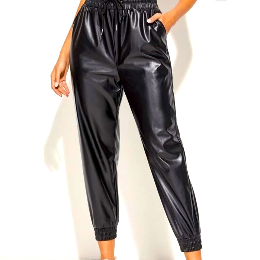 Drawstring waist pu leather pants
